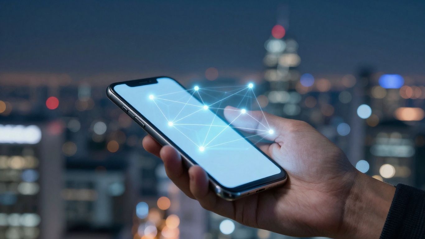 Hand holding phone with network graphic