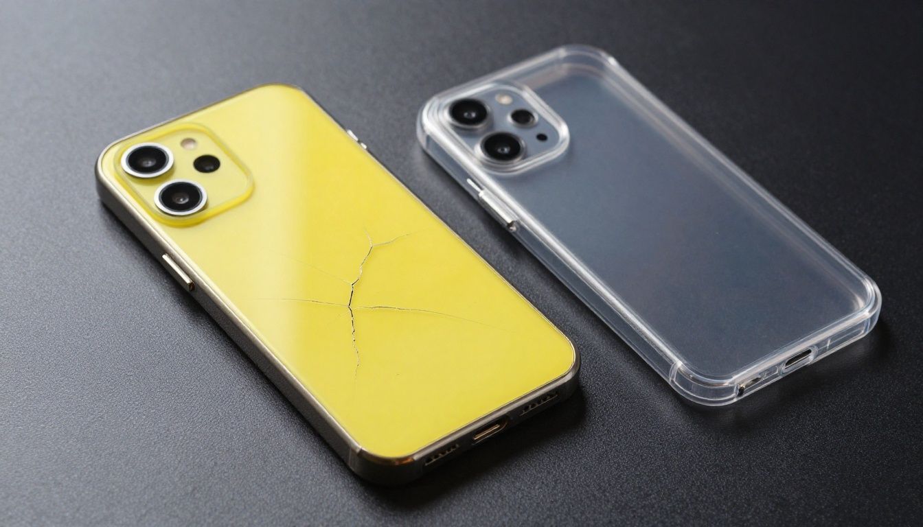 A side-by-side comparison showing a yellowed, cracked, and warped cheap clear phone case next to a pristine, high-quality protective case for a Galaxy S25.