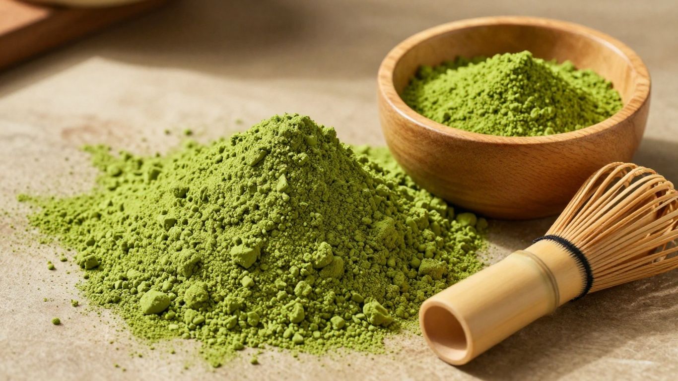 Premium organic matcha powder in a wooden bowl with whisks.