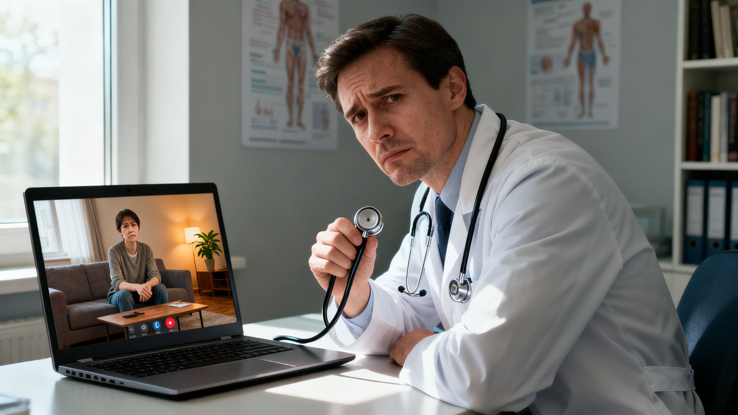 A doctor conducting a remote video visit with a patient