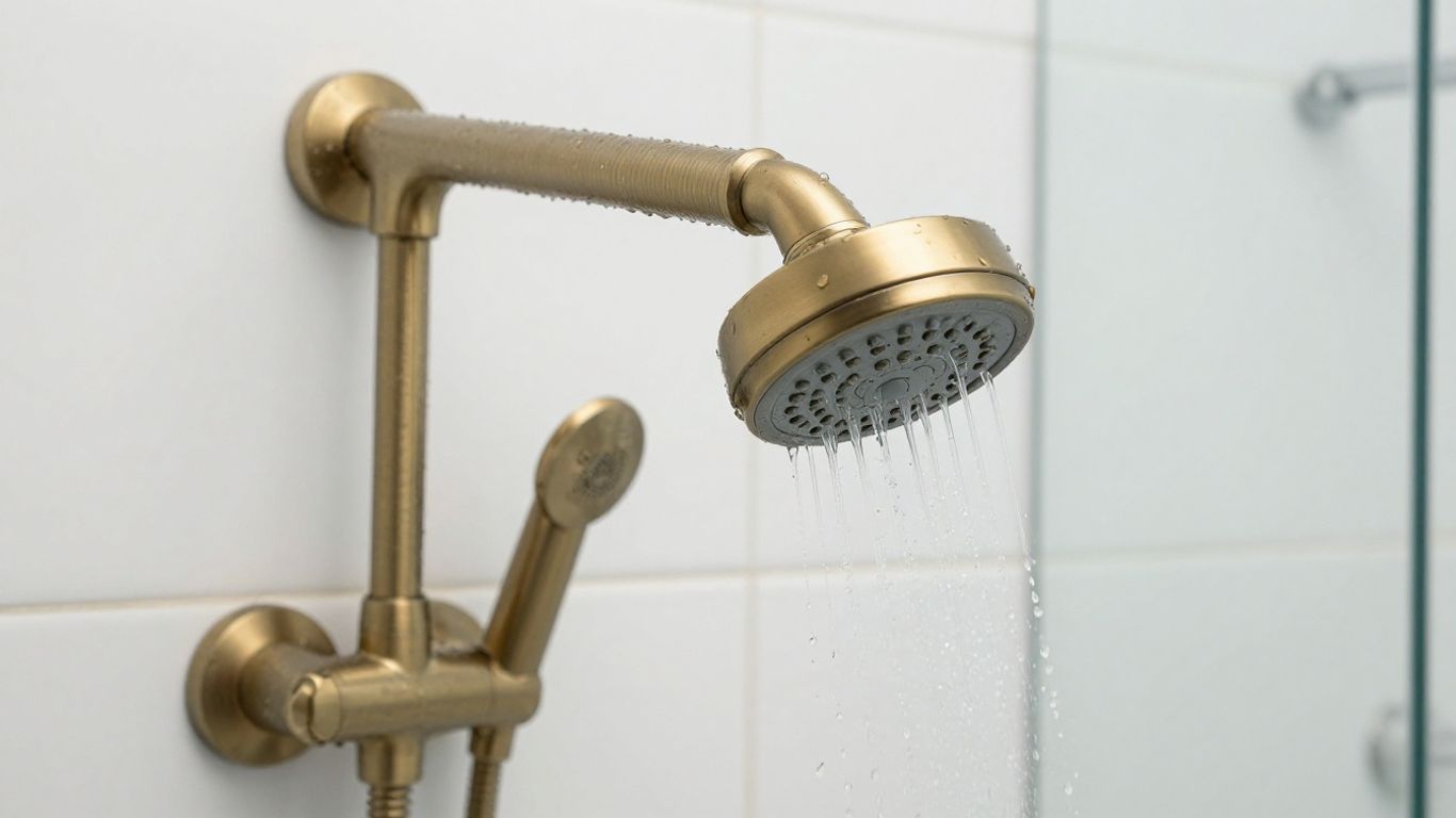 Brushed brass mixer shower in a modern bathroom.