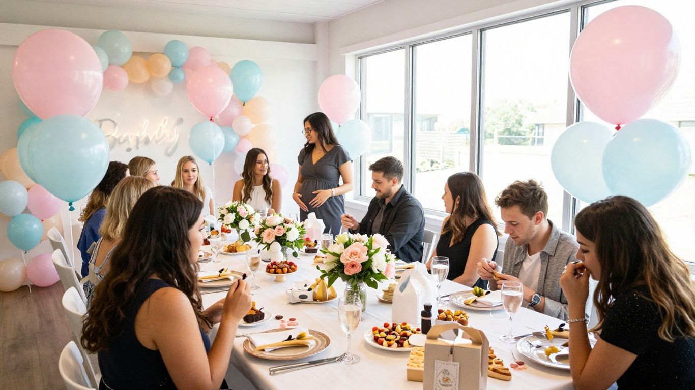 Festive baby shower venue with balloons and gifts.