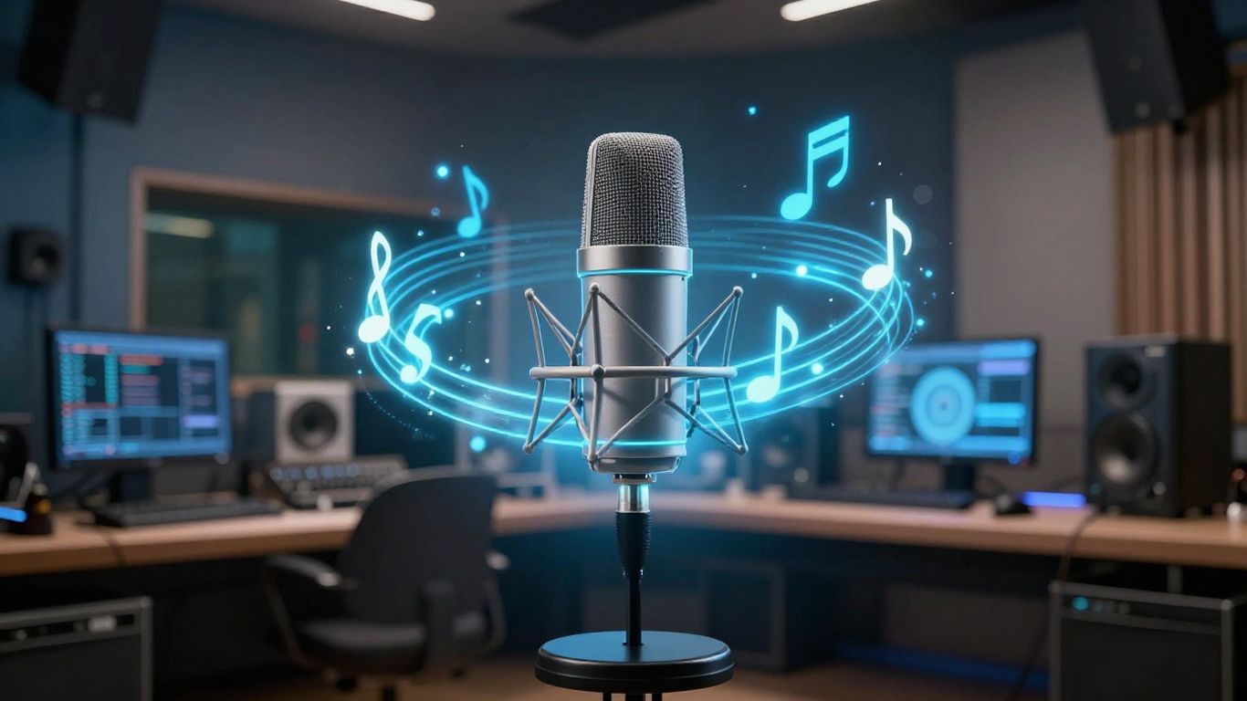 AI music creation studio with glowing interface and notes.