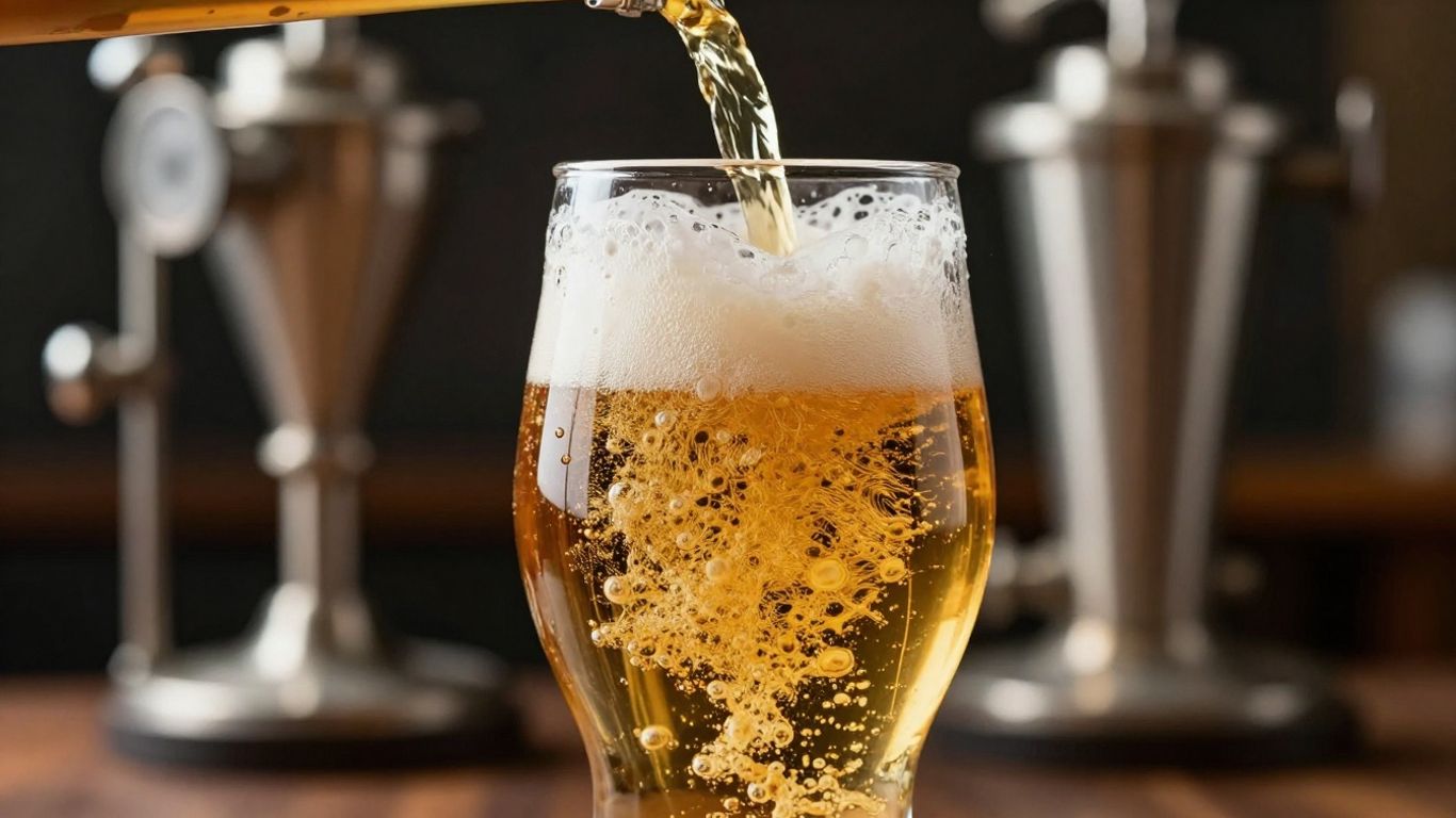 Pouring frothy beer into a glass at a brewery.