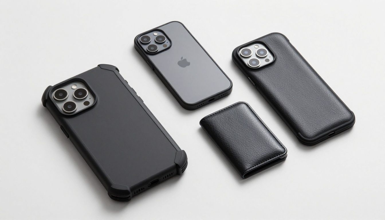 A collection of different iPhone 14 Pro Max cases—a rugged black one, a sleek leather wallet one, and a clear waterproof pouch—laid out on a clean, minimalist background.