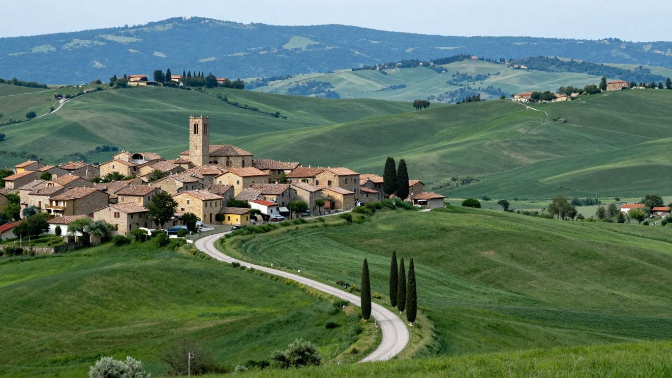 Un tranquillo borgo collinare marchigiano tra campi verdi