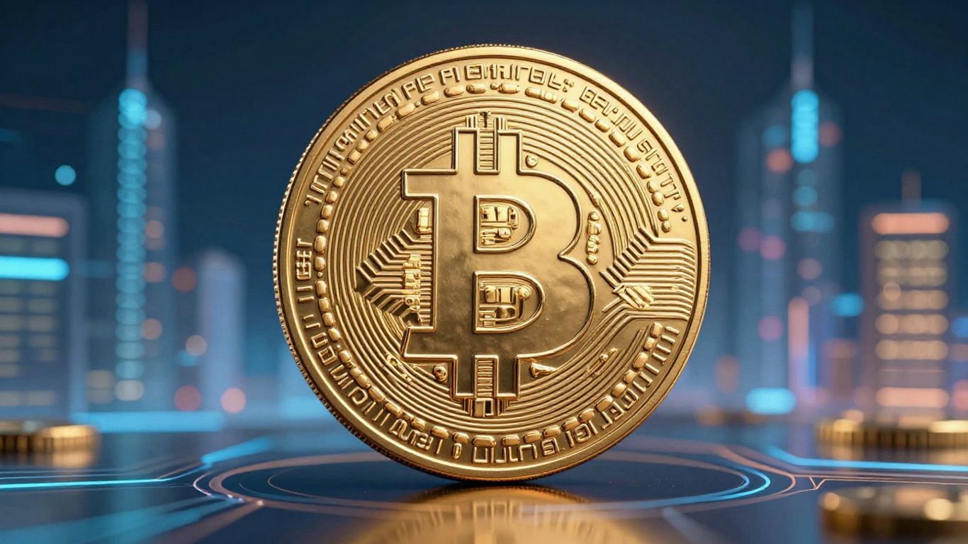 Golden Bitcoin coin with futuristic digital background.