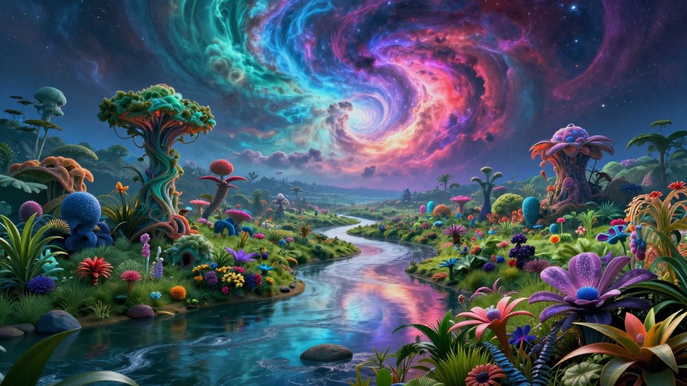 AI landscape with nebulae and river