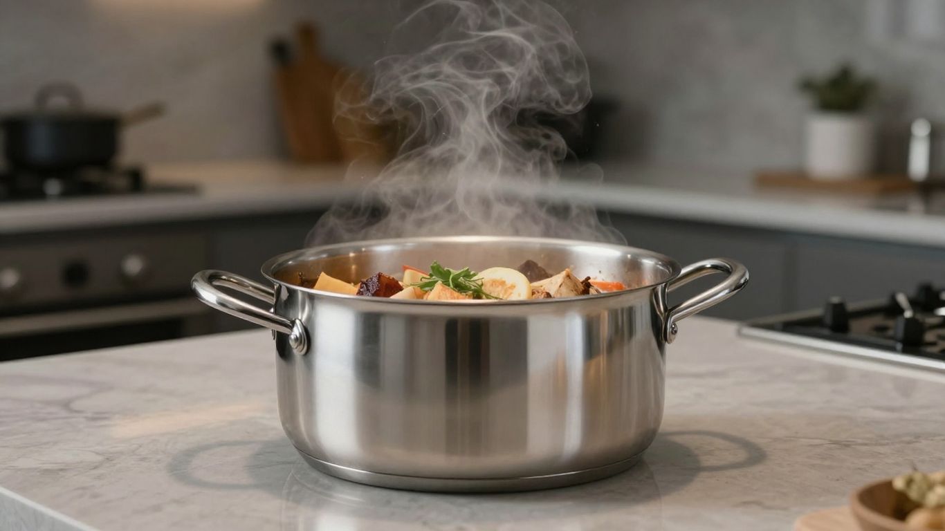 Stainless steel bain marie pot on a kitchen counter.