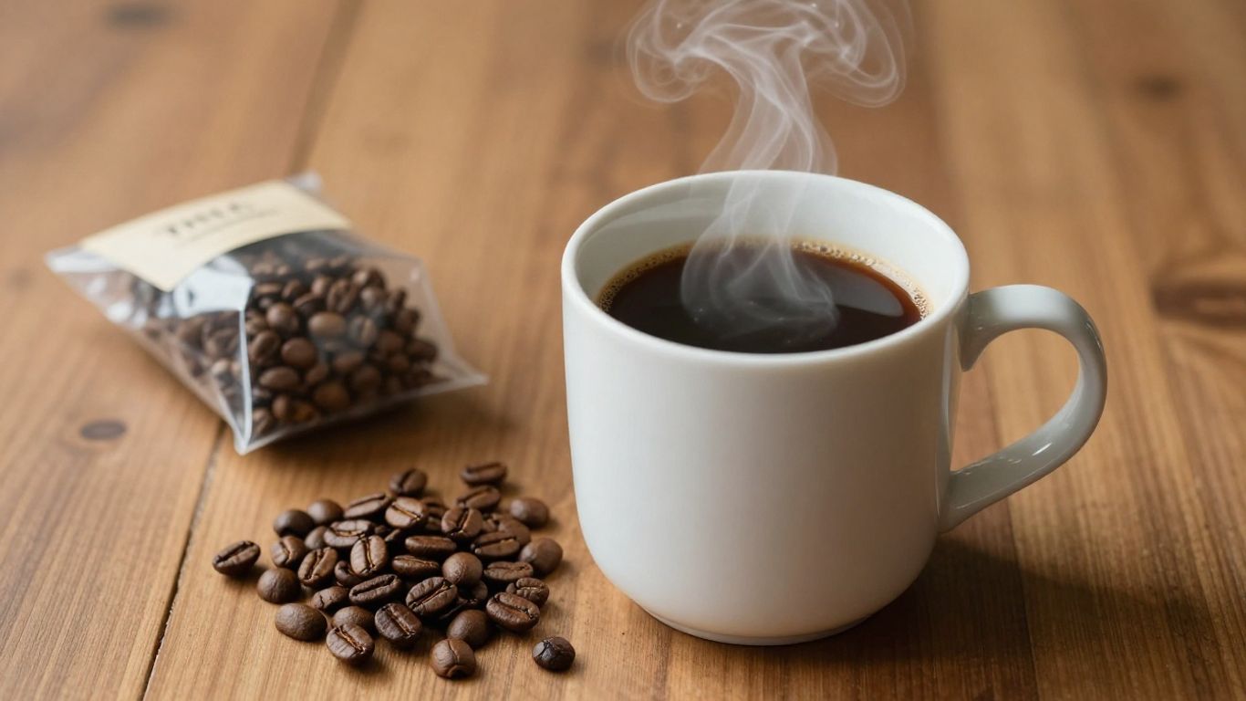 THC coffee beans and a steaming mug of coffee.