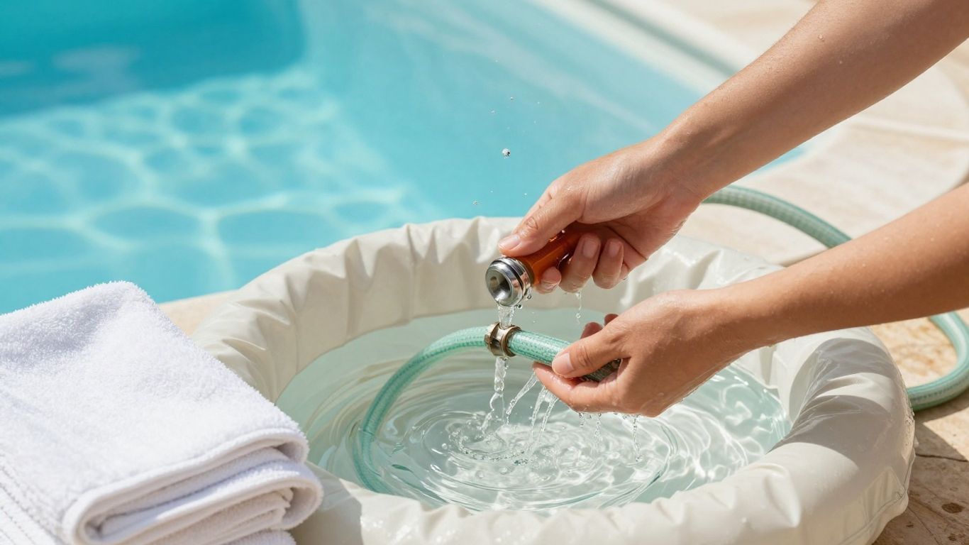 Rinsing a pool float beside a shaded patio