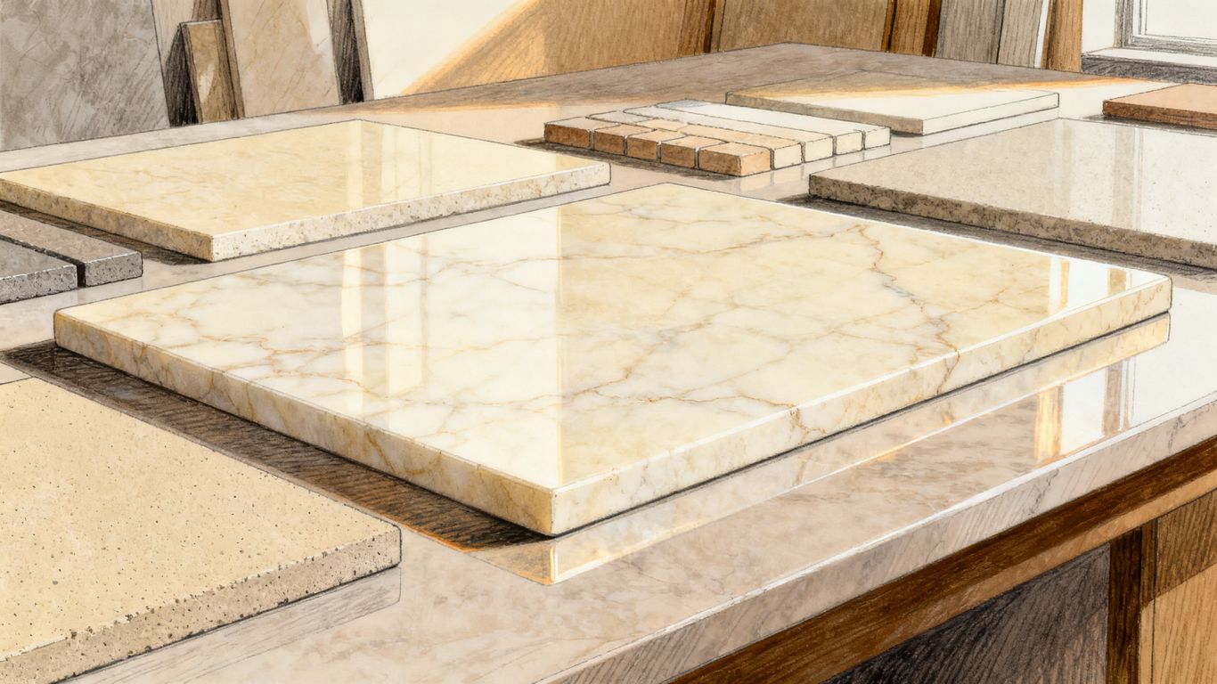 Muestras de acabado de mármol beige apomazado y pulido