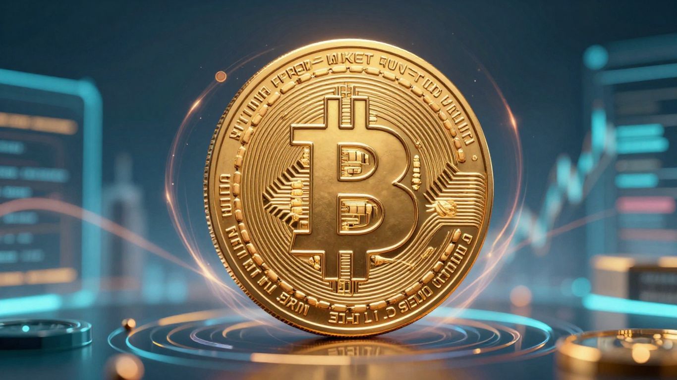 Golden Bitcoin coin with digital energy and futuristic cityscape.