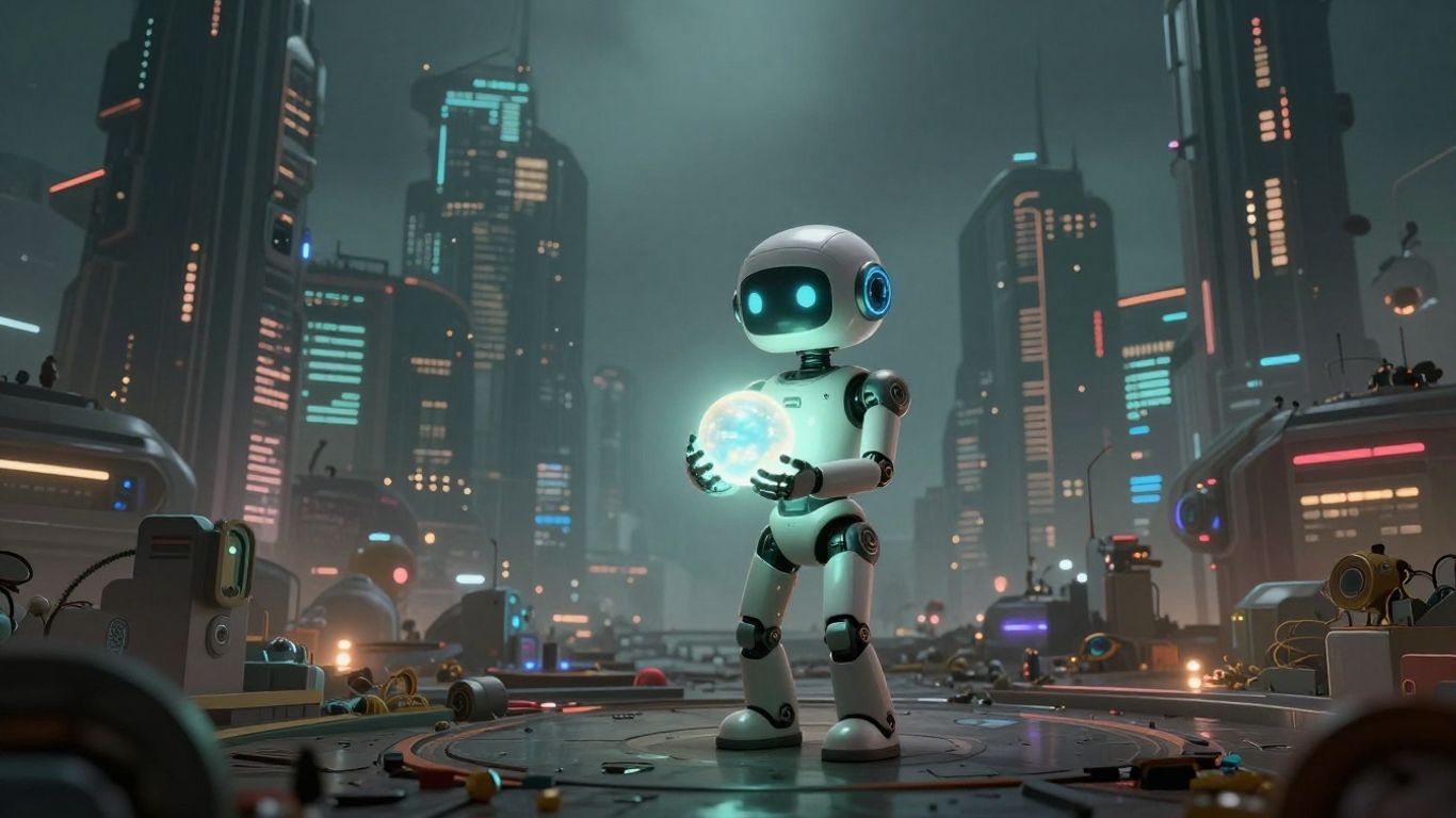 Robot child with glowing orb in futuristic city
