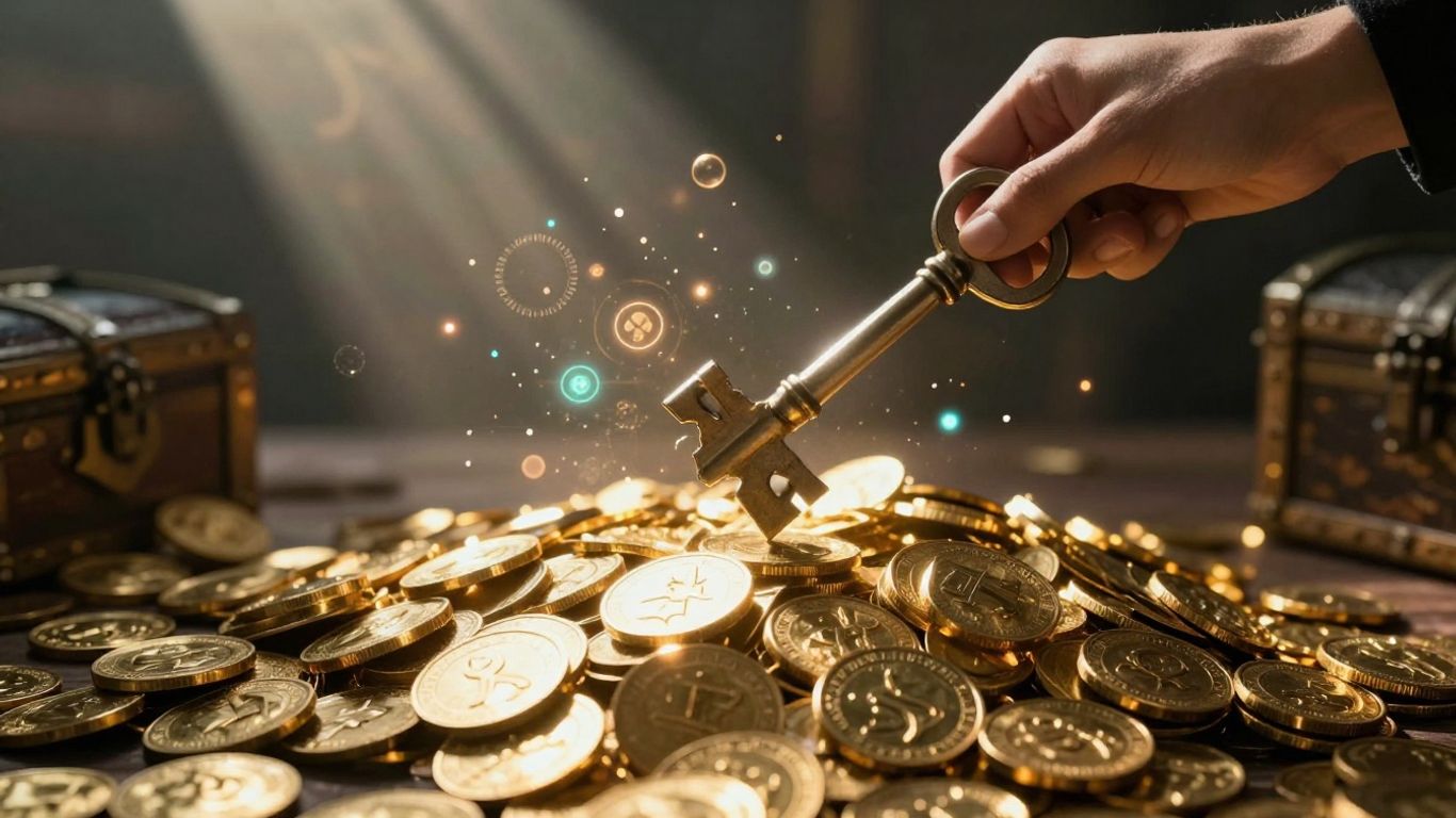 Person unlocking a treasure chest full of coins and digital icons.