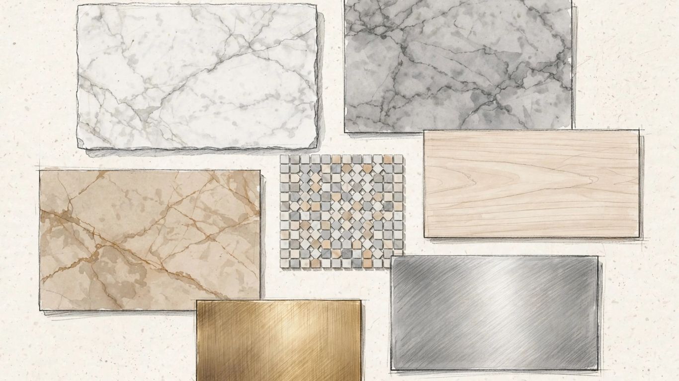 White and beige honed marble samples arranged in a tile pattern