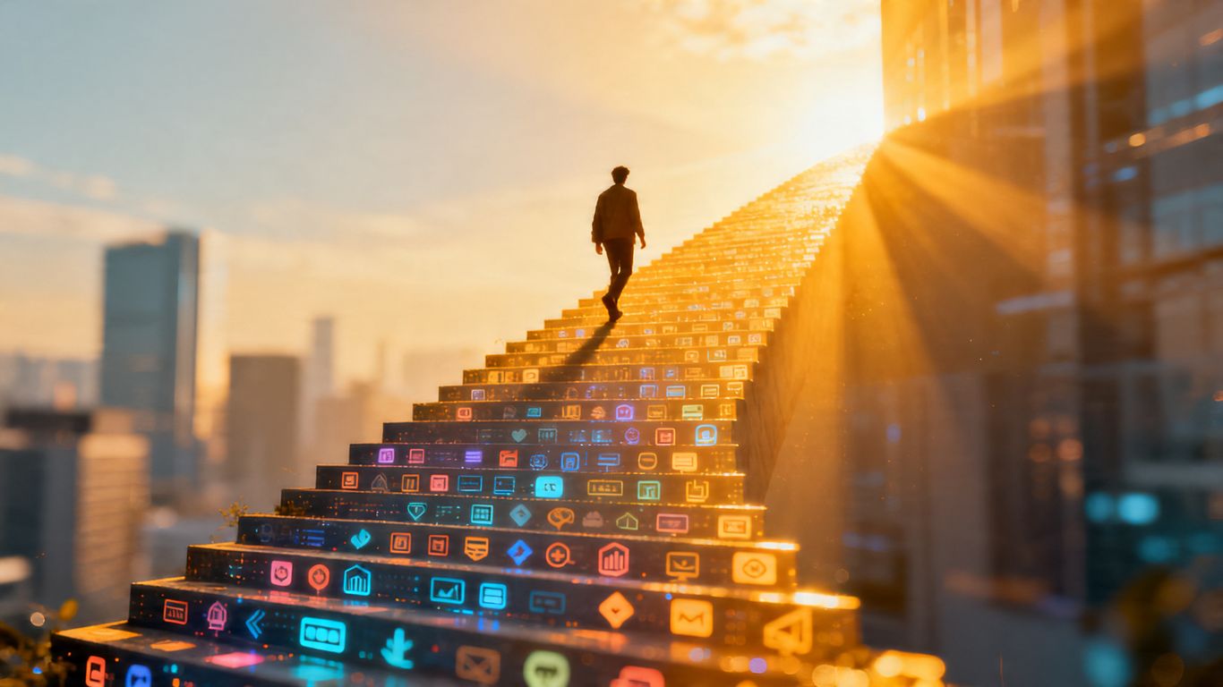 Person climbing a digital marketing learning path towards success.