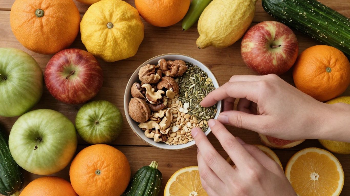 Colorful fruits, vegetables, nuts, and seeds arranged on a table.