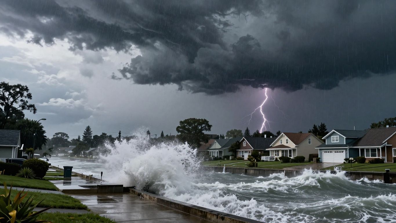 Storm surge threatening homes during a summer storm.