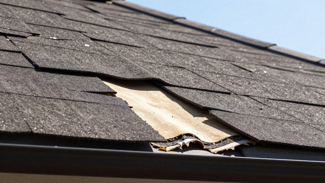 Damaged roof with missing shingles