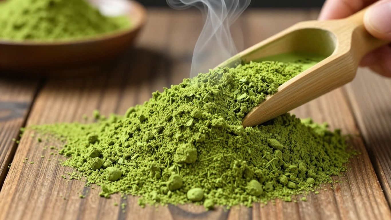 Bowl of frothy matcha tea with bamboo scoop.