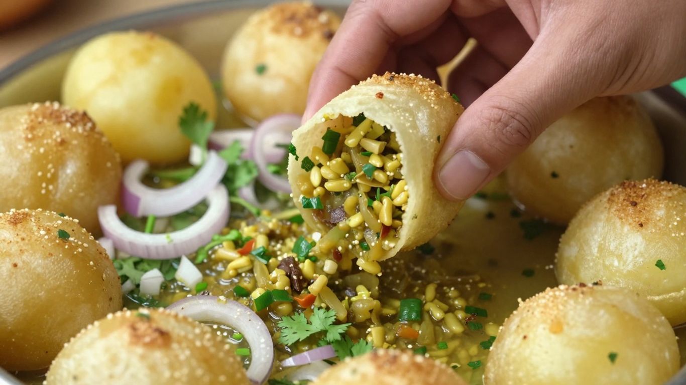 Assembling homemade pani puri with fresh ingredients.