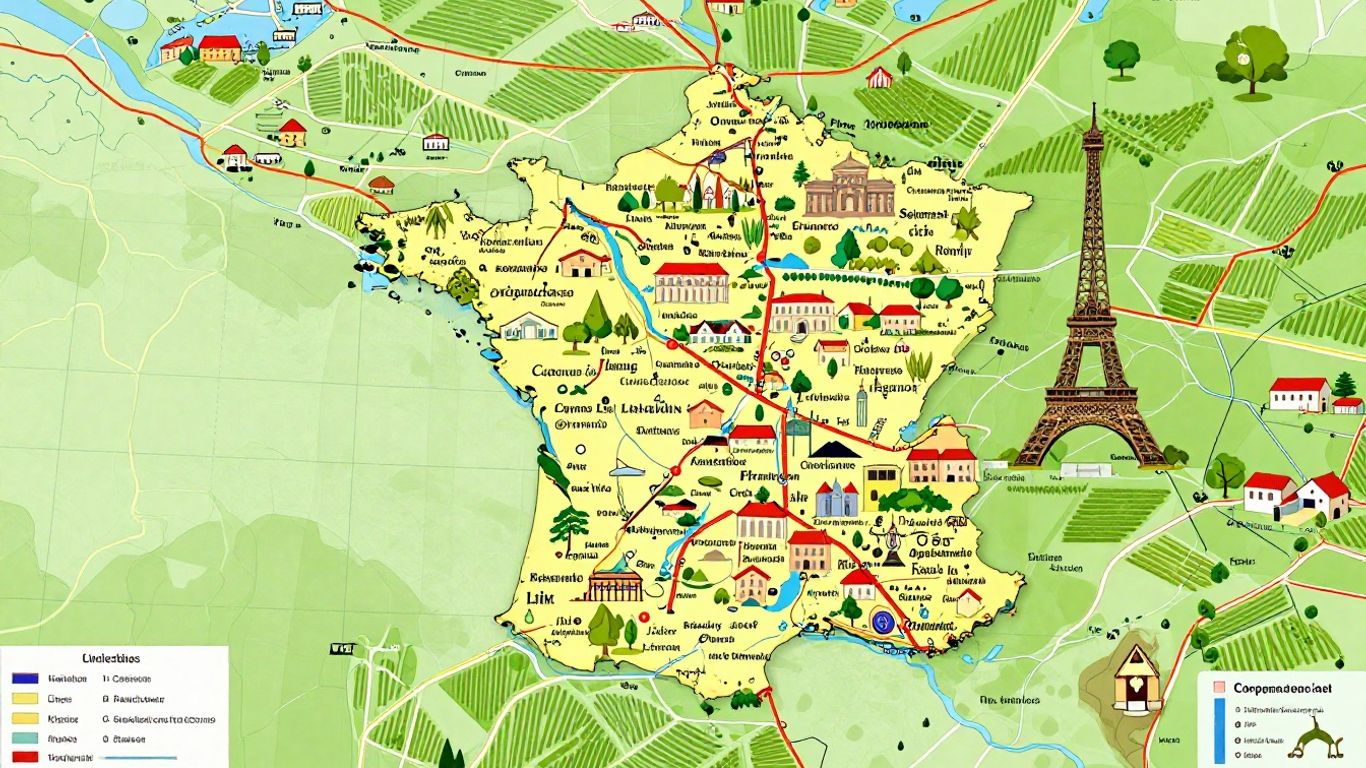 Detailed map of France with landmarks and scenic regions.