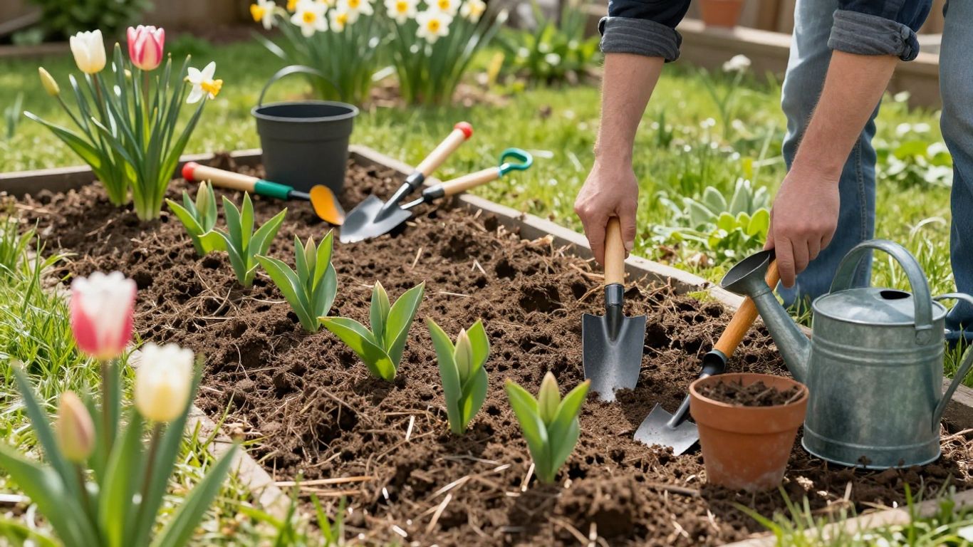 Garten im Frühling mit Blumen und Werkzeugen