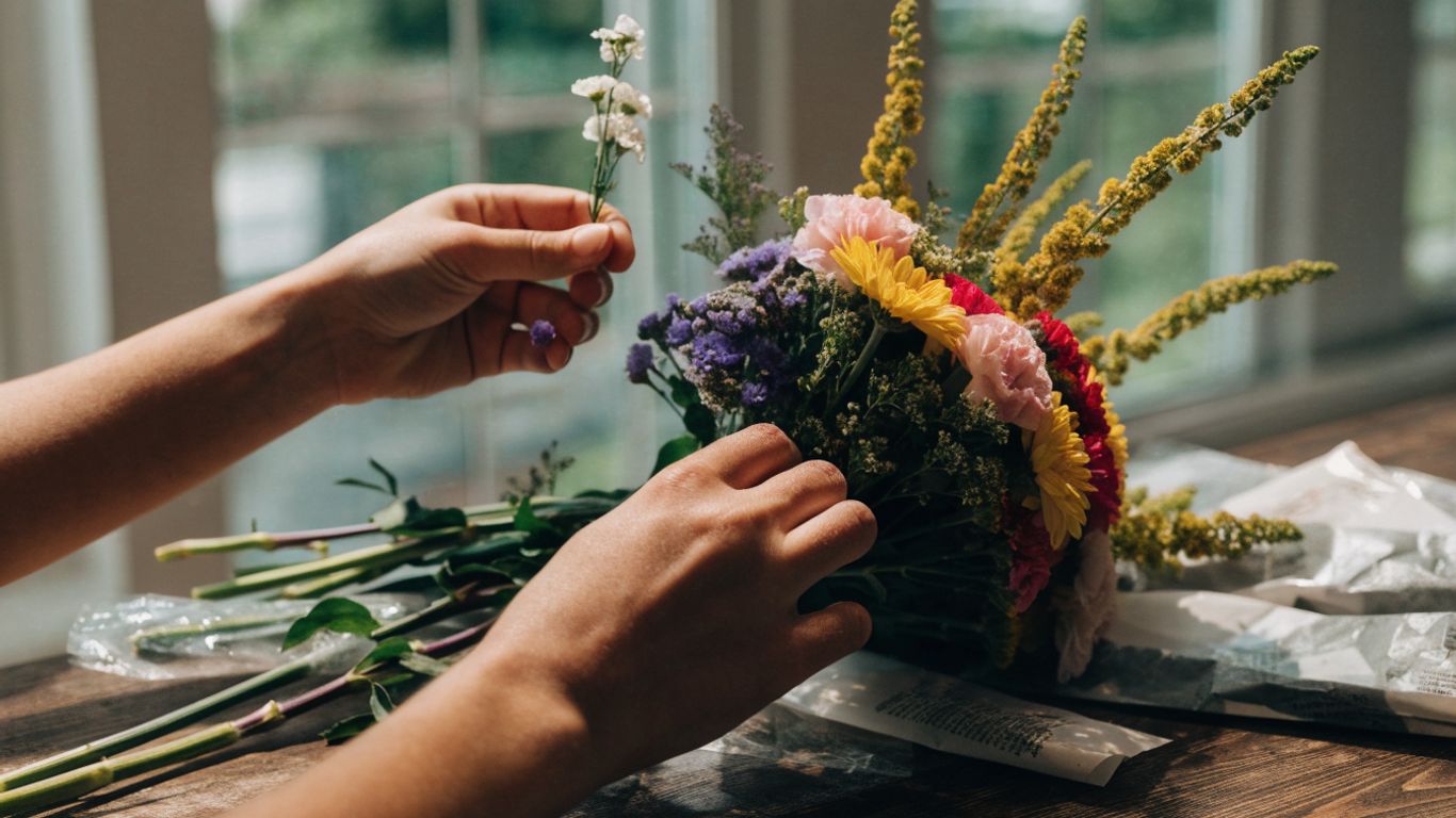 A florist arranging a seasonal bouquet for delivery