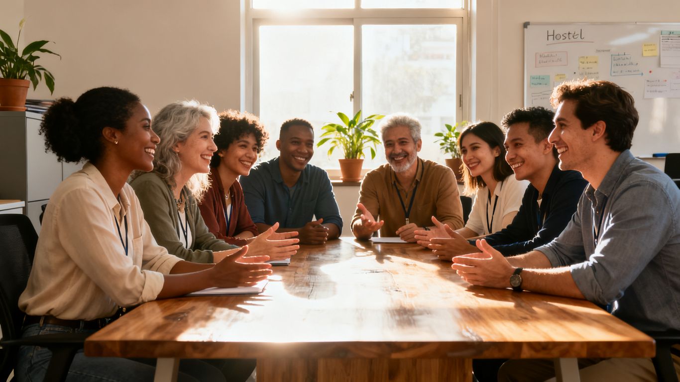 Diverse team members collaborating in a bright professional setting
