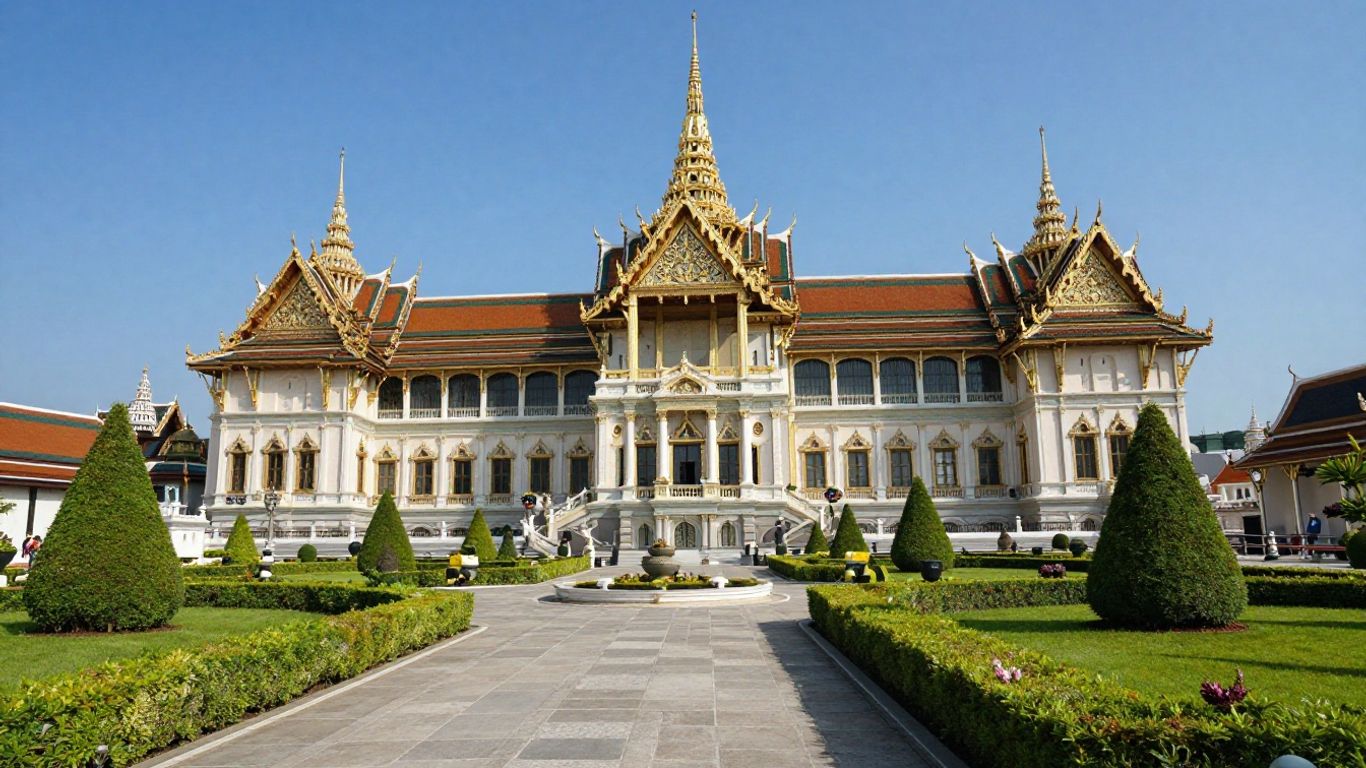 Palace of Versailles with gardens on a sunny day.