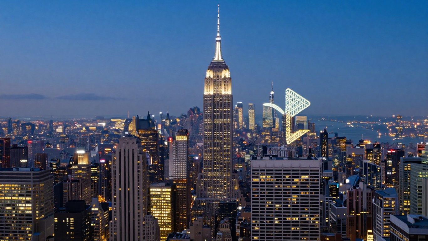 New York City skyline with a glowing venture capital logo.