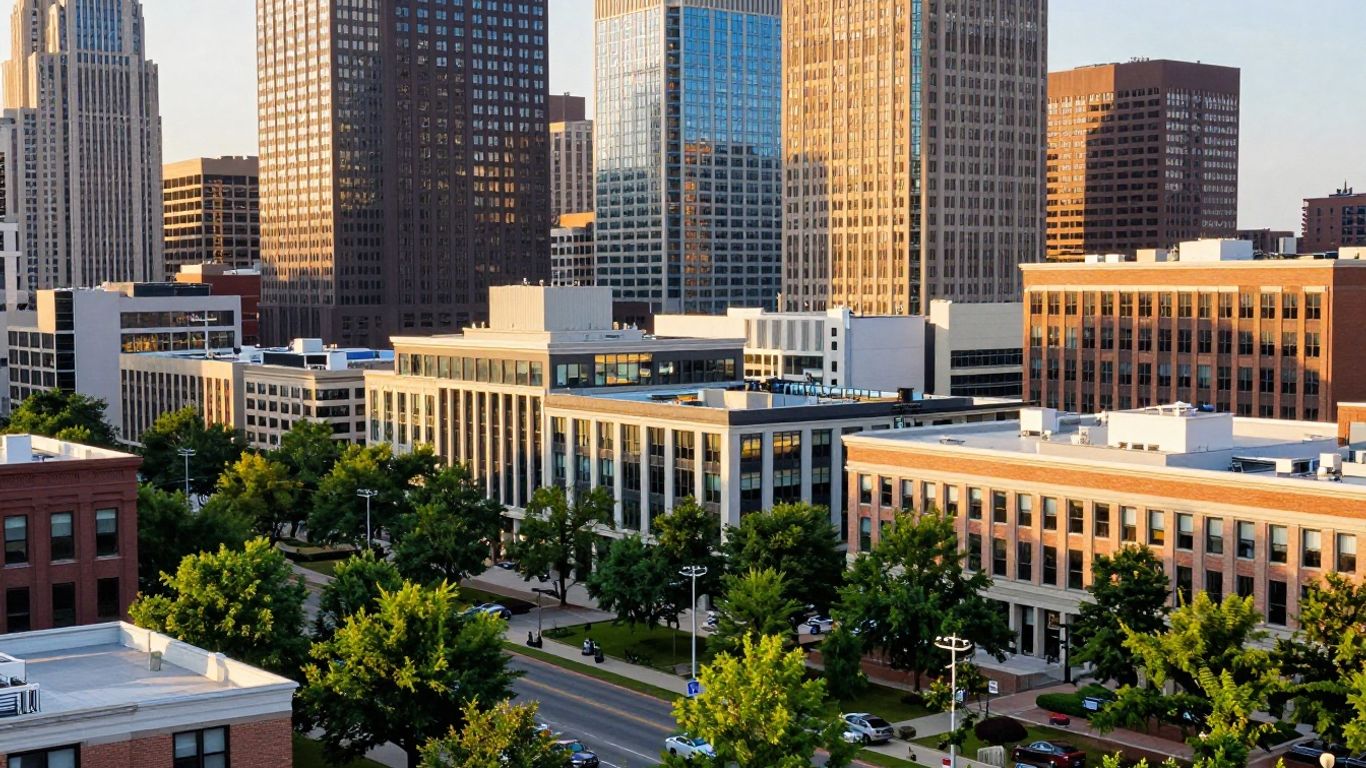 Baltimore cityscape with modern buildings and greenery.