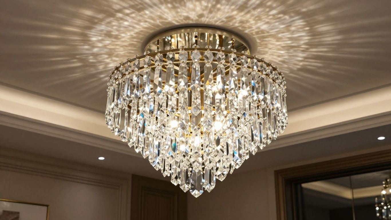 Modern crystal ceiling light illuminating a luxurious living room.