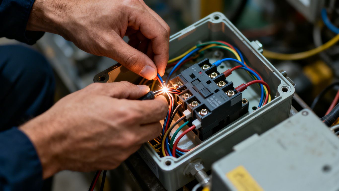 Technician inspecting electrical wiring, sparks flying from connection.