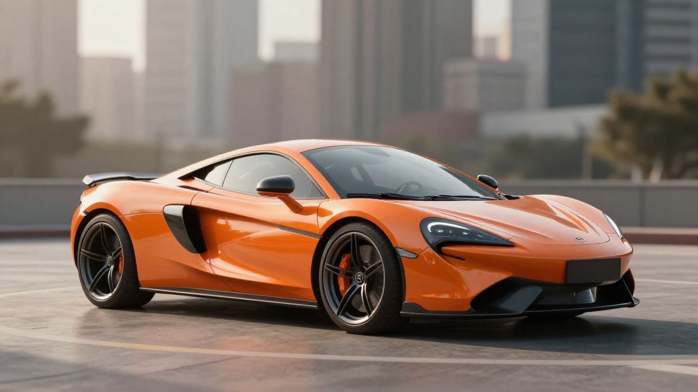 Modern sports car with city background.