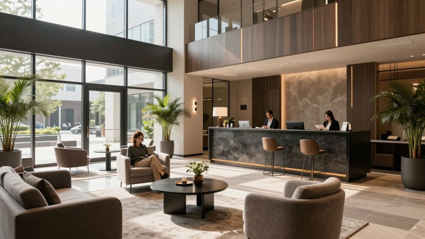 Oaks Perth Hotel lobby with modern decor and natural light.