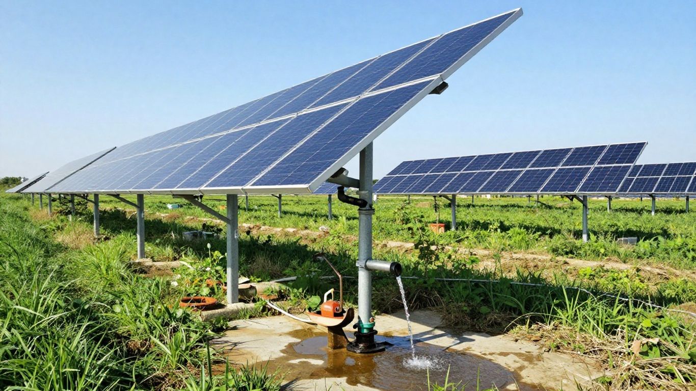 Solar panels powering a well pump in a sunny rural setting.