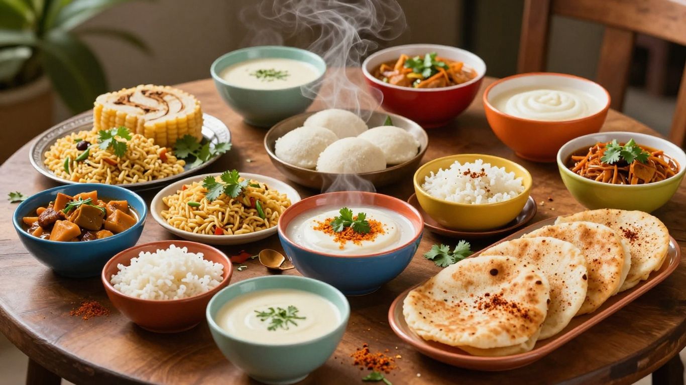 Healthy Indian breakfast spread with poha, idli, and dosa.