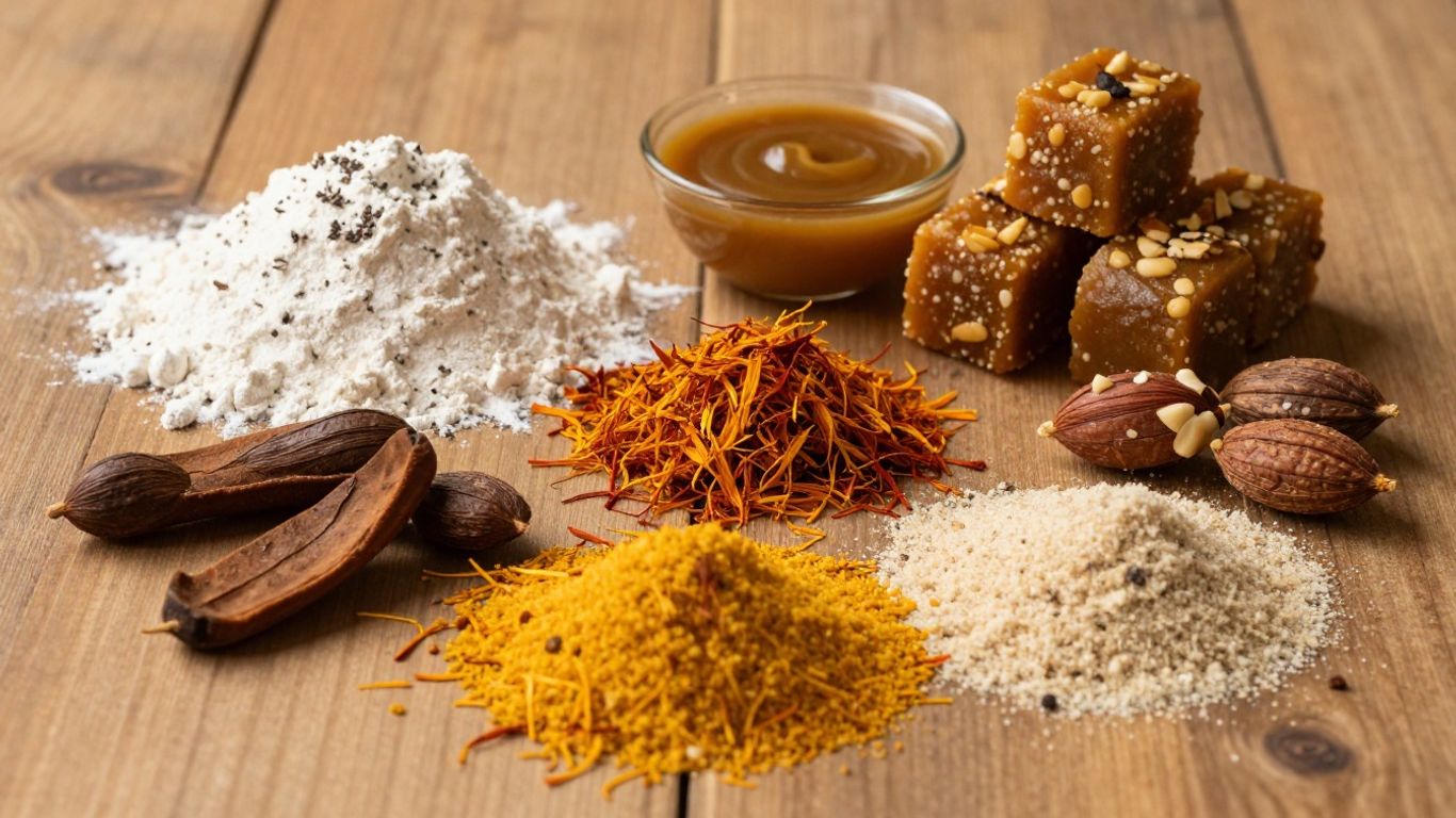 Ghee, flour and Indian sweets on a table
