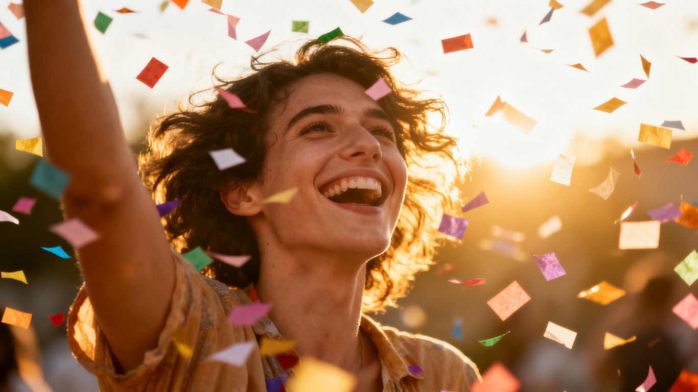 Person celebrating with confetti and a big smile.