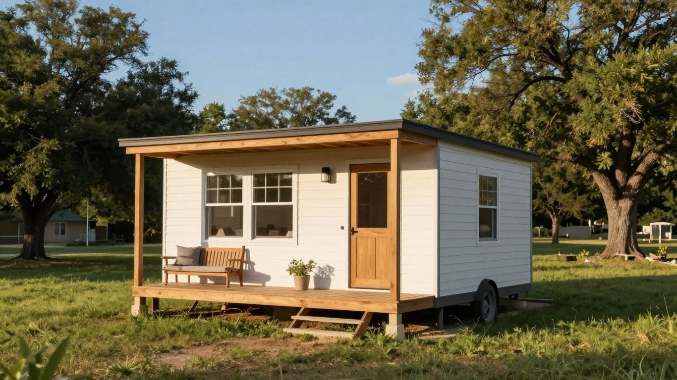 Texas tiny house with a porch and trees.