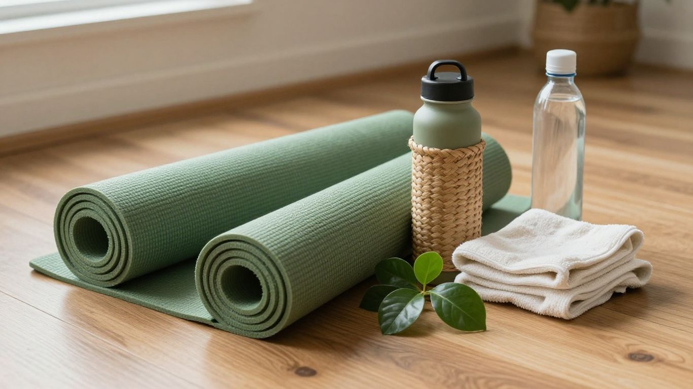Natural rubber yoga mat beside houseplants