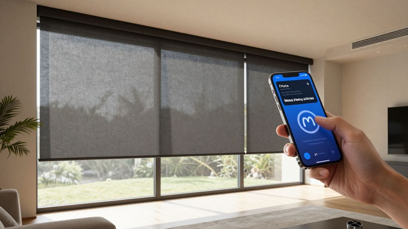 Motorized shades in a modern living room with a phone ad.