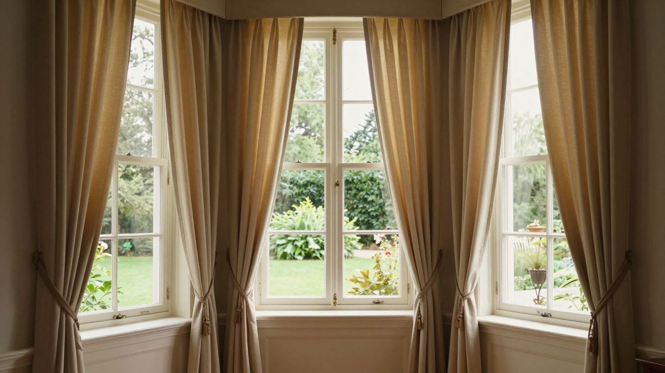 Elegant bay window with flowing curtains and garden view.