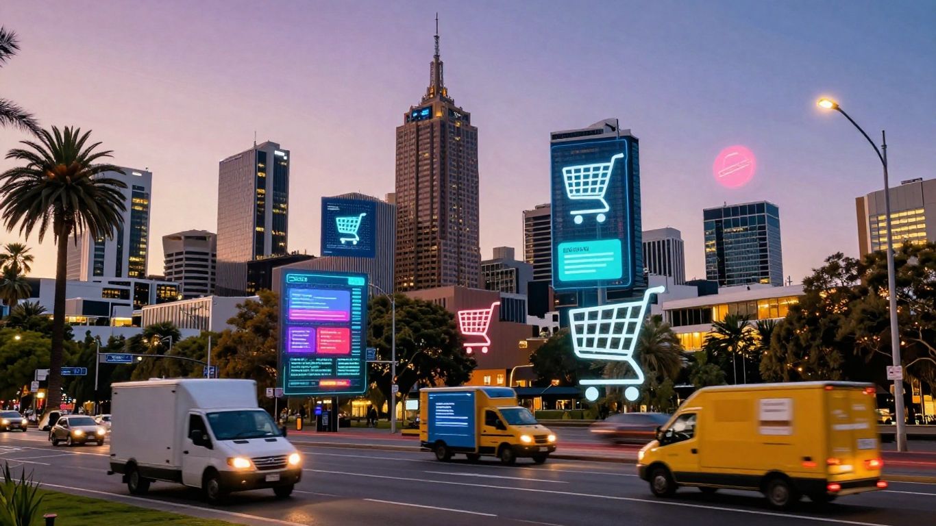 Adelaide cityscape with digital e-commerce elements.