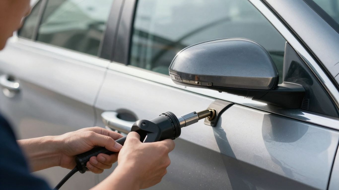 Professional technician working on a car door lock