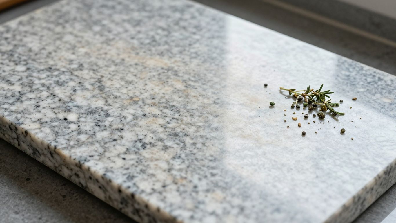 Polished granite cutting board with herbs