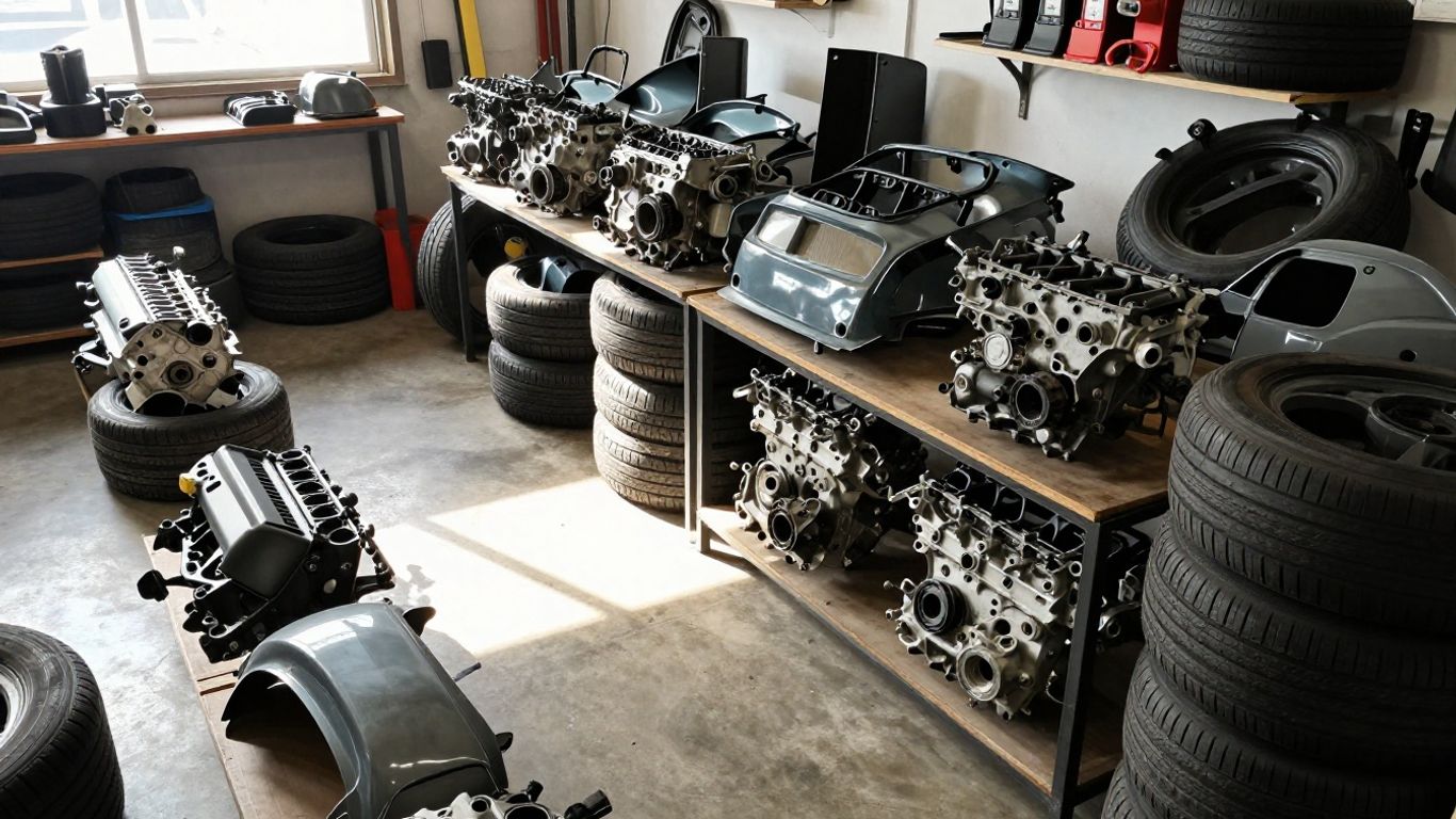 Fiat car parts neatly stacked in a workshop.