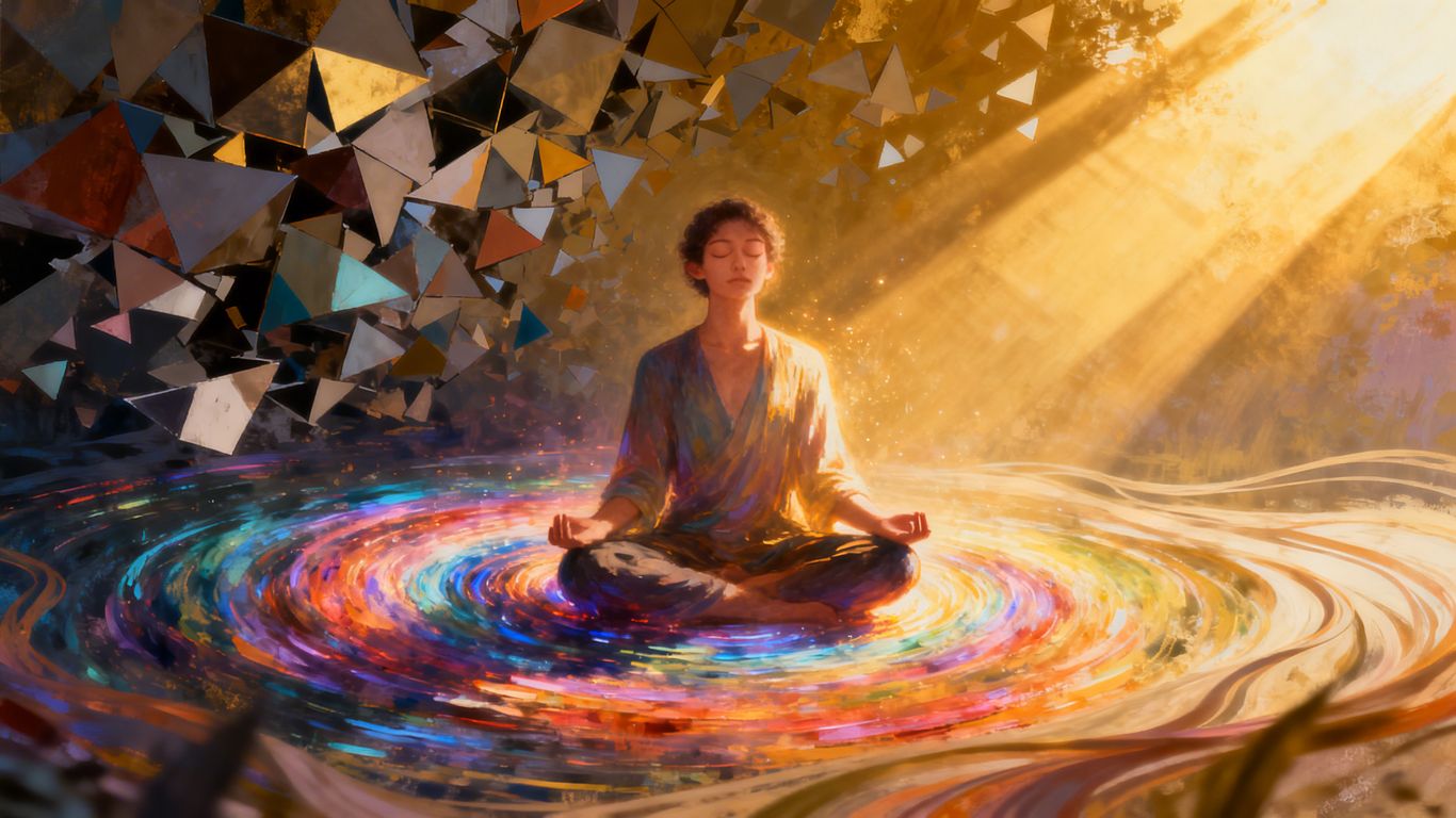 Person meditating, energy vortex transforming into calm.